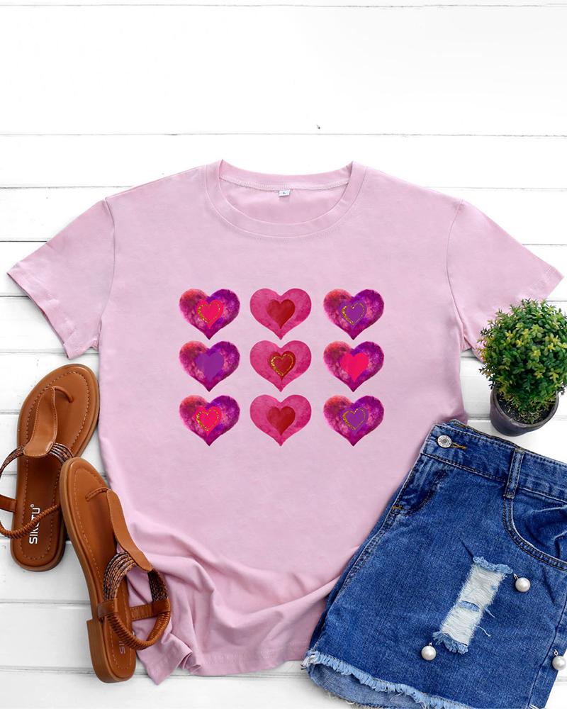 

Valentine' Day Heart Print Short Sleeve O-Neck Top, Pink