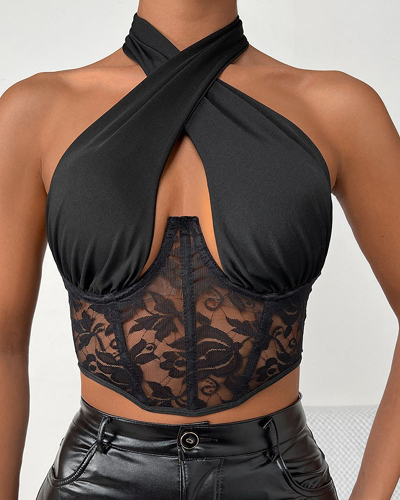 

Contrast Lace Cutout Halter Crop Top, Black