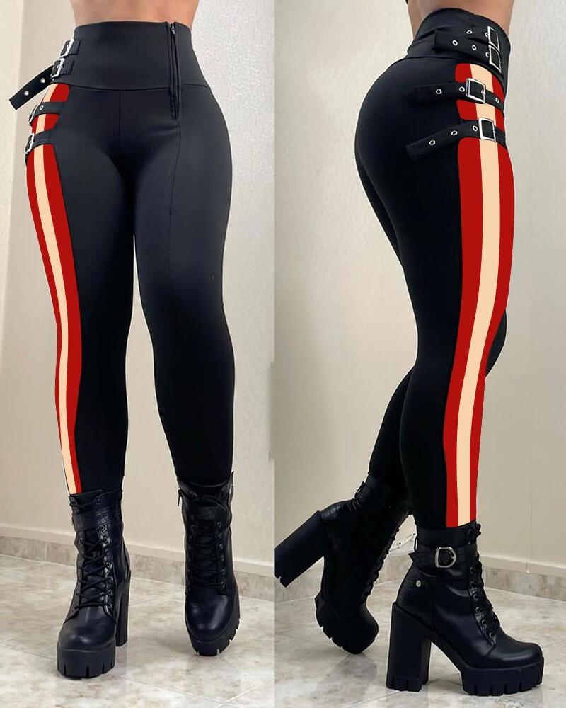 

Contrast Paneled Buckle Decor High Waist Skinny Pants, Black