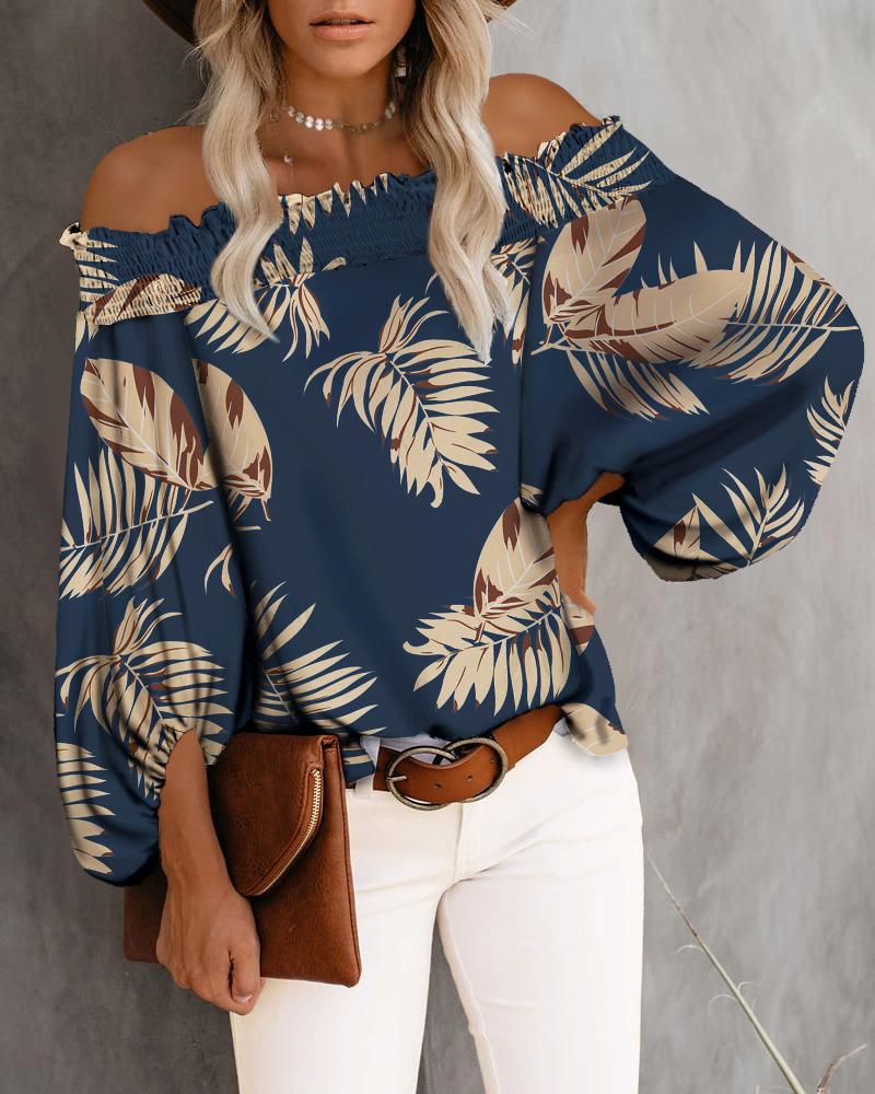 

Leaf Print Shirred Off Shoulder Lantern Sleeve Top, Blue