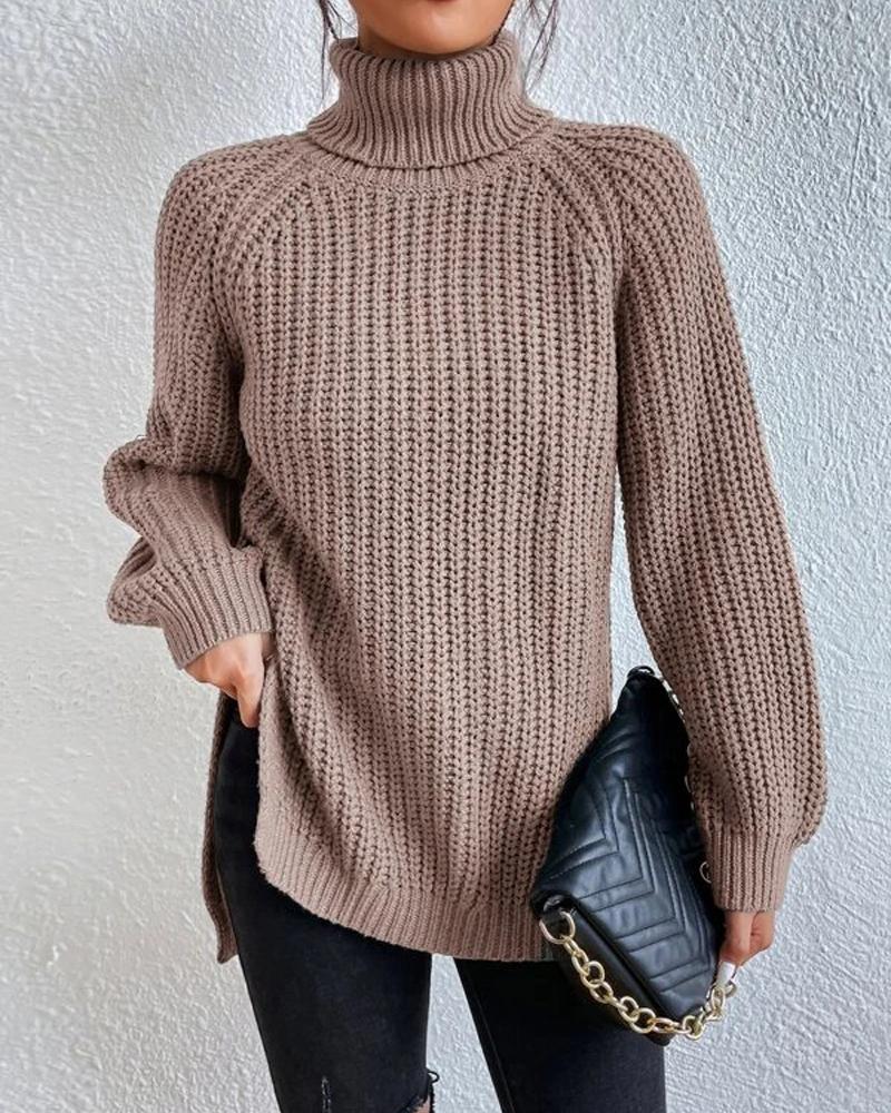 

High Neck Long Sleeve Slit Sweater, Khaki