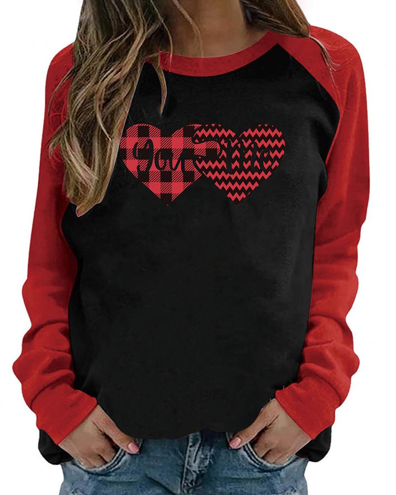 

Valentine' Day O-Neck Letter Heart Print Colorblock Top, Style3