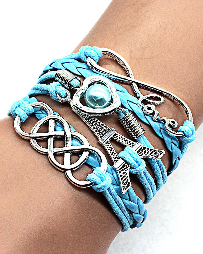 

1pcs Multilayer Hollow Heart Faux Pearl Decor Eiffel Tower Love Letter Design Bohemian Braided Bracelet, Sky blue