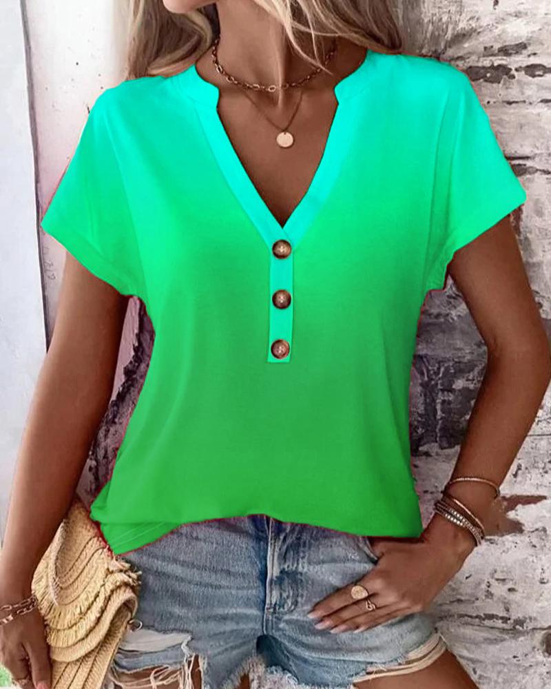 

Ombre Notch Neck Buttoned Casual T-shirt, Green