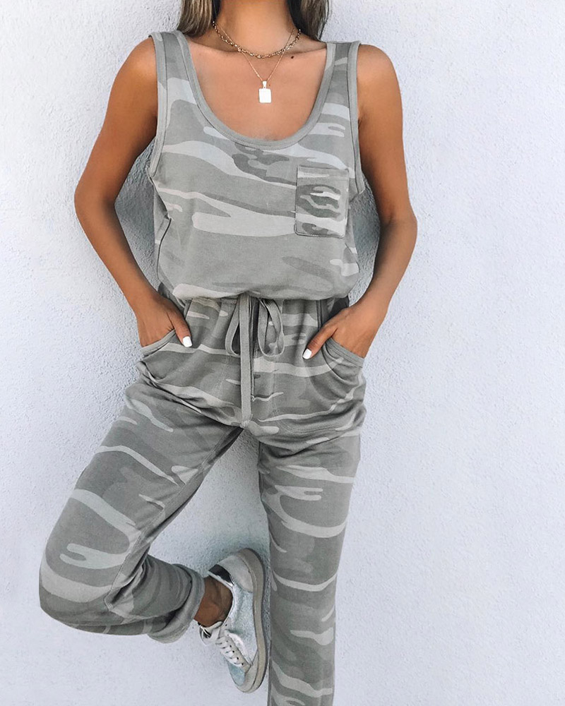 

Camouflage Print Pocket Design Drawstring Jumpsuit, Camoflage