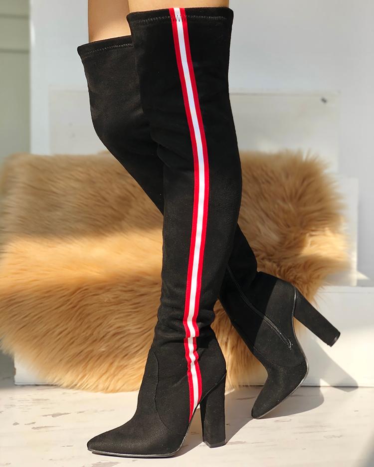

Stripes Tape Over The Knee Zip Decor Boots, Black