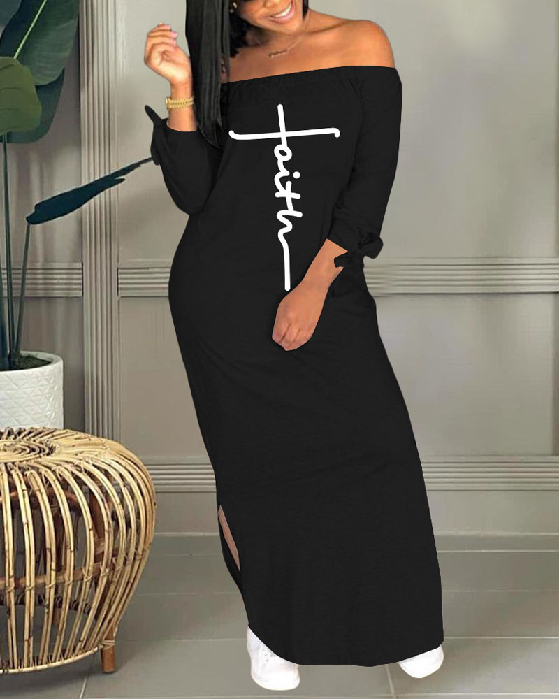 

Letter Print Off Shoulder Split Hem Casual Dress, Black