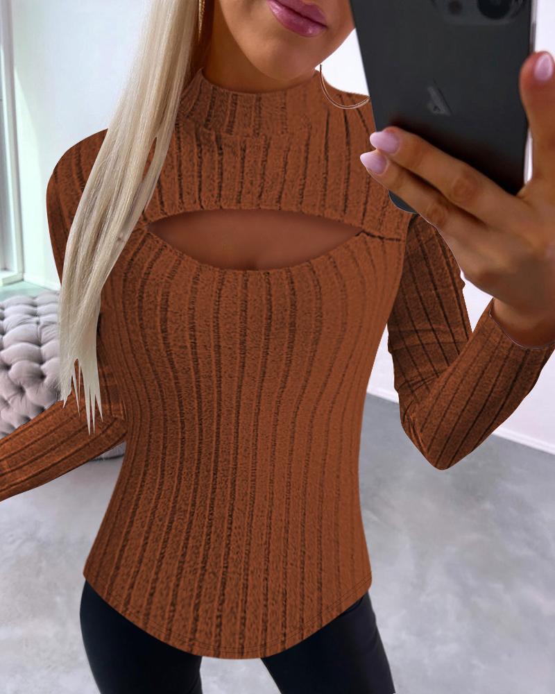 

Mock Neck Cutout Long Sleeve Ribbed Top, Brown