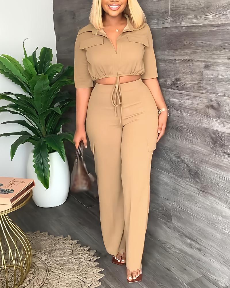 

Drawstring Hem Crop Top & Pants Set, Khaki