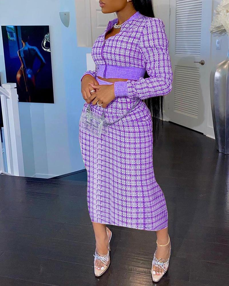 

Plaid Pattern Zipper Design Top & High Waist Skirt Set, Purple