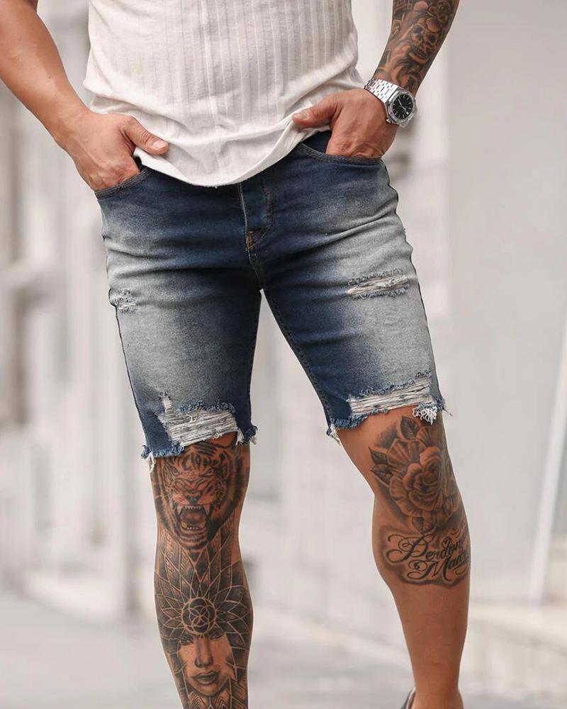 

Solid Skinny Ripped Hem Denim Shorts Jeans, Dark blue