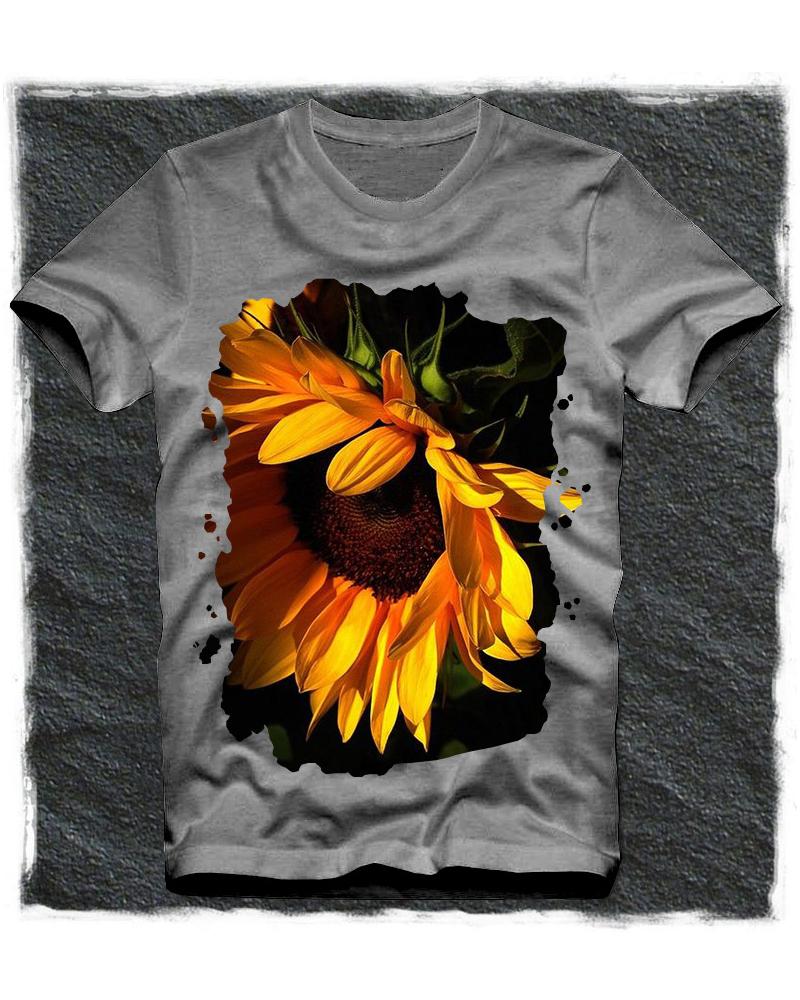 

Sunflower Print Short Sleeve Loose T-shirts, Gray