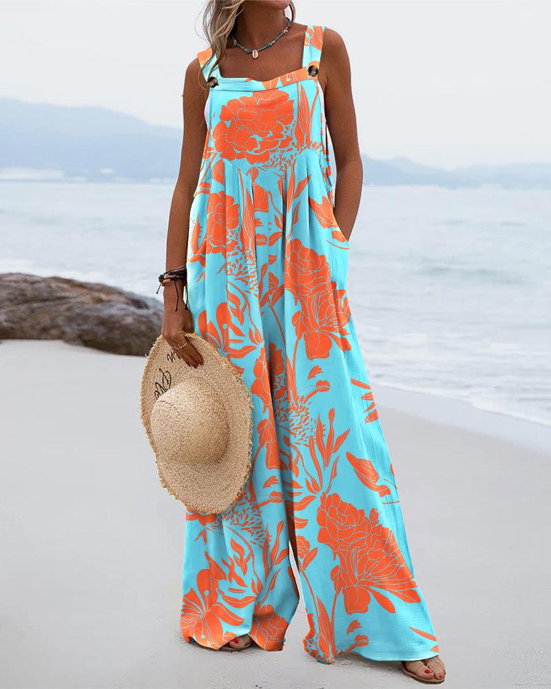 

Plants Print Wide Leg Suspender Jumpsuit, Blue