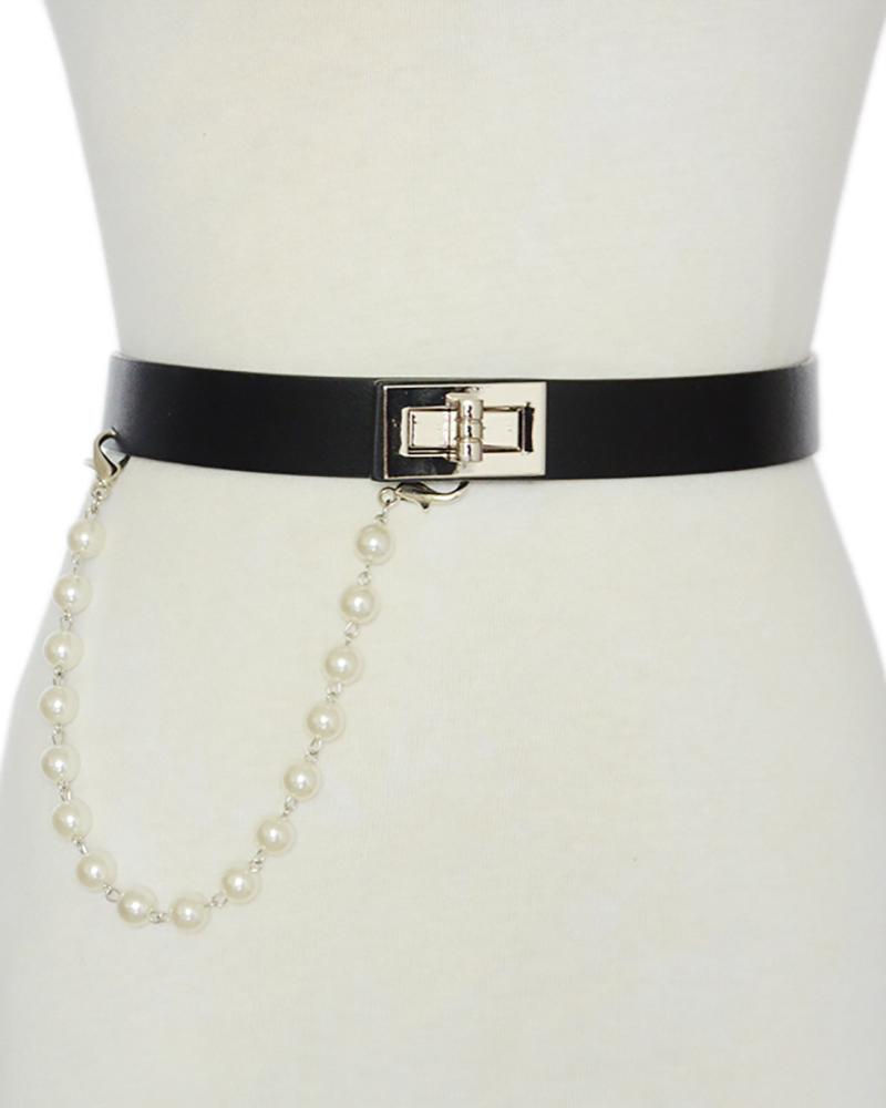 

1PCS Beaded Strap Metal Decor PU Leather Belt, Black