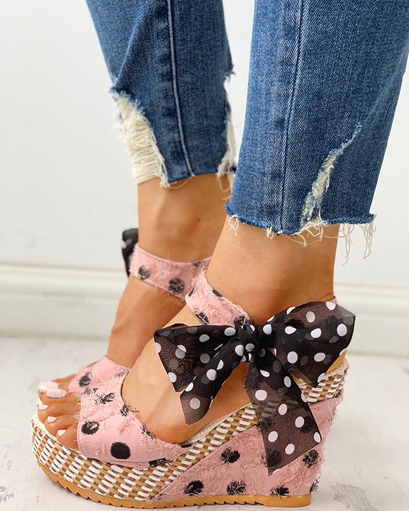 

Dot Bowknot Design Platform Wedge Sandals, Pink