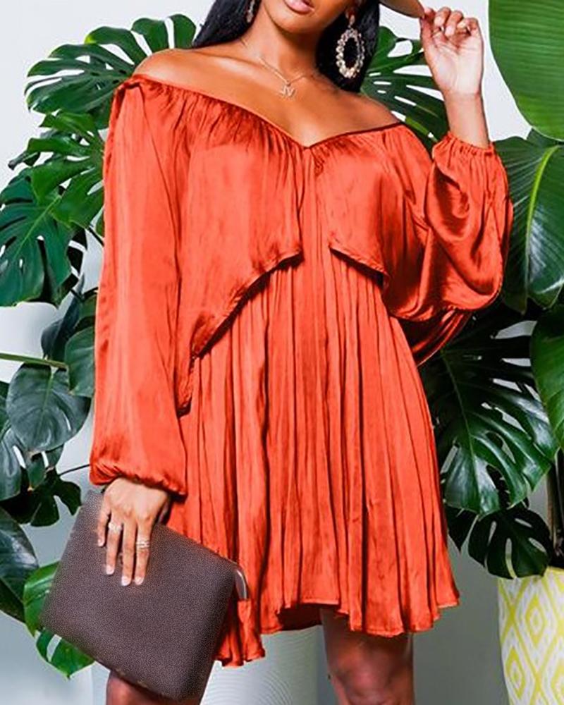 

Off Shoulder Lantern Sleeve Ruched Casual Dress, Orange