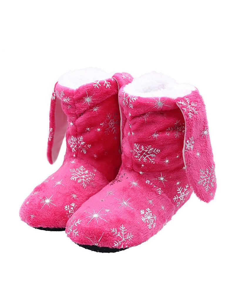 

Christmas Snowflake Print Ear Design Indoor Boots, Hot pink