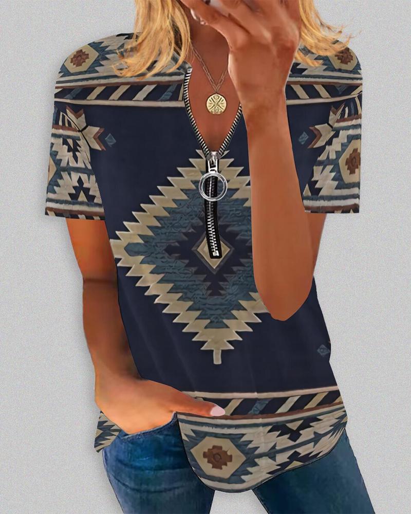 

Aztec Geometric Print Zip Front Casual T-shirt, Blue