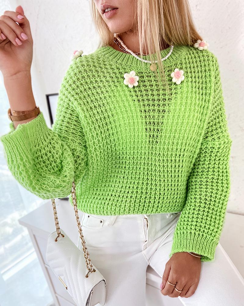 

Hollow Out Floral Pattern Sweater, Green