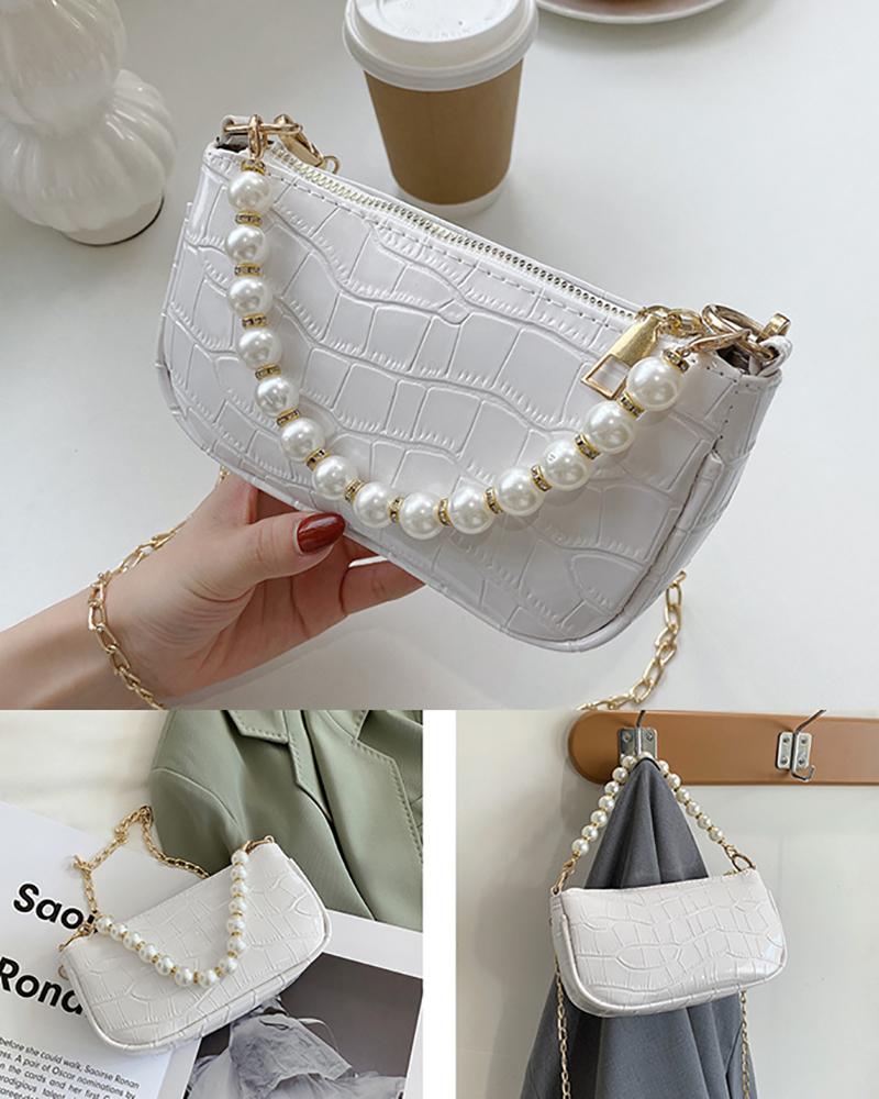 

Beaded Decor Croc Embossed Shoulder Bag, White