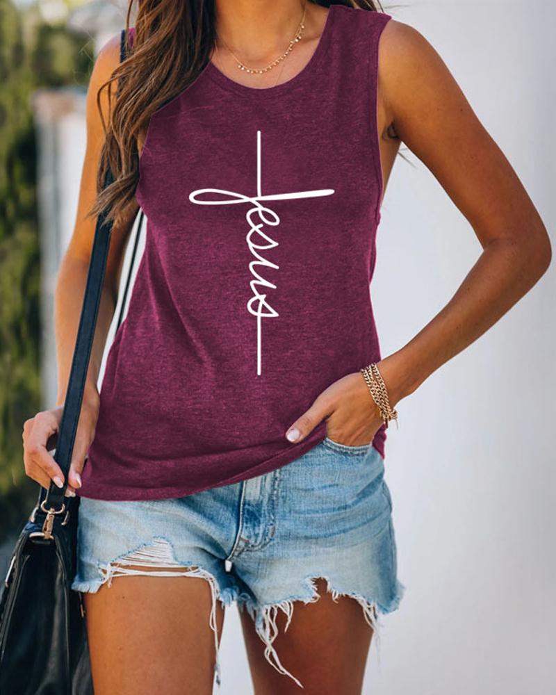 

Letter Cross Print Casual Tank Top, Purple