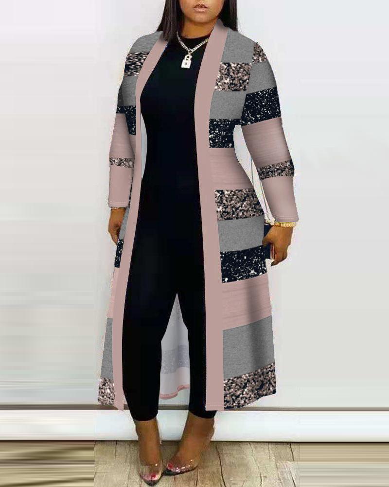 

Plus Size Colorblock Striped Print Open Front Longline Coat, Gray