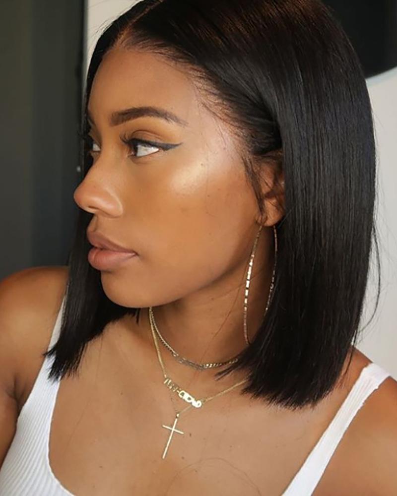 

Short Straight Bob Lace Front Middle Part Blunt Cut Bob Wig, Black