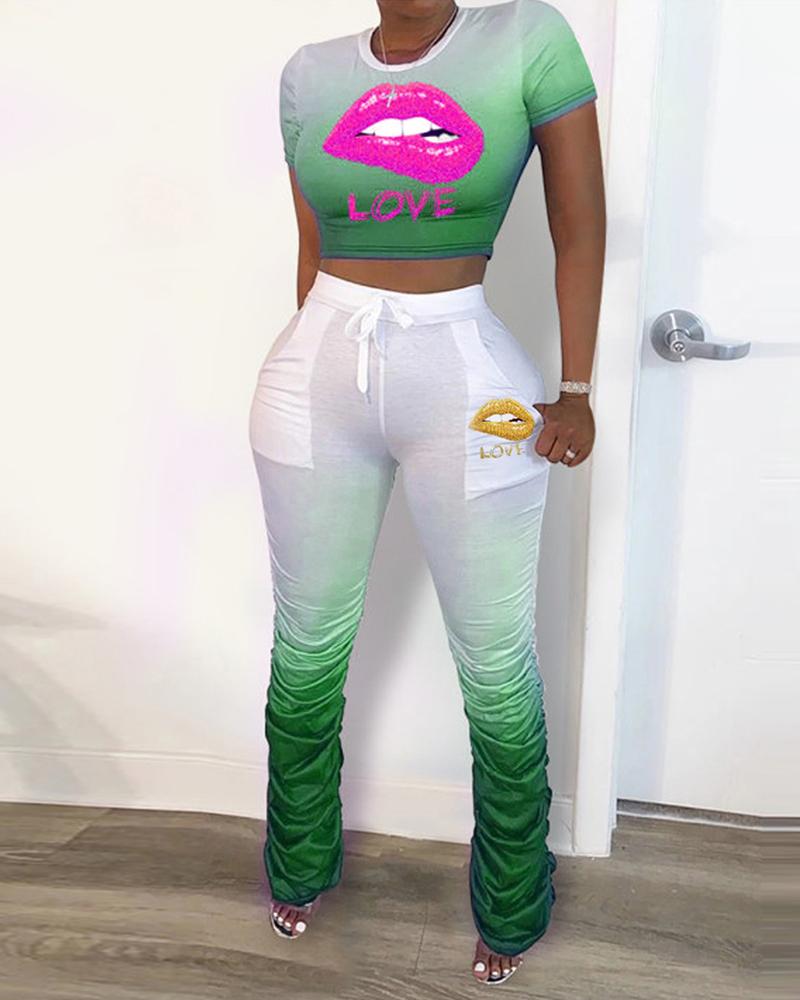 

Lip Letter Print Top & Drawstring Pants Set, Green