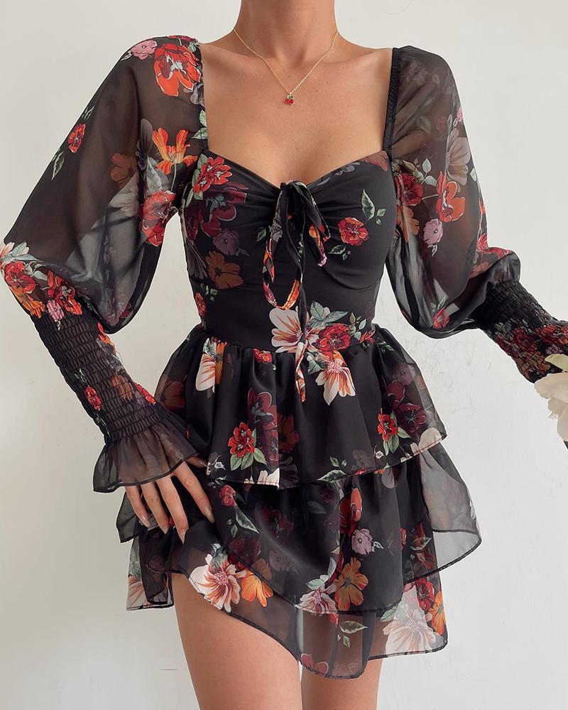 

Layered Ruffle Hem Gigot Sleeve Floral Print Dress, Black