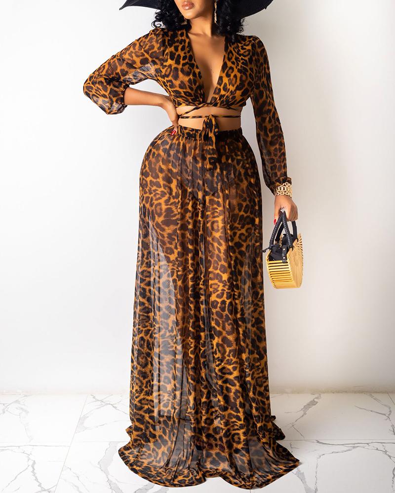 

Leopard Print Tied Detail Top & Ruched Skirt Set, Black