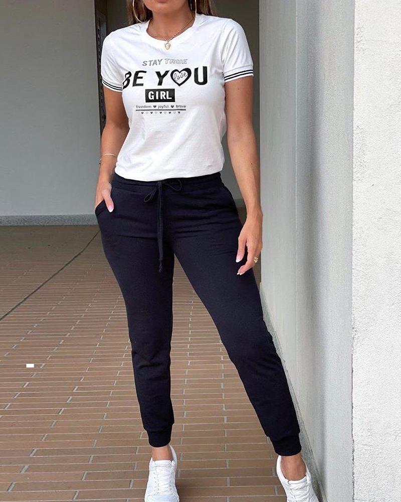 

Stay True Be You Girl Print Striped Short Sleeve Top & Drawstring Pants Set, Black