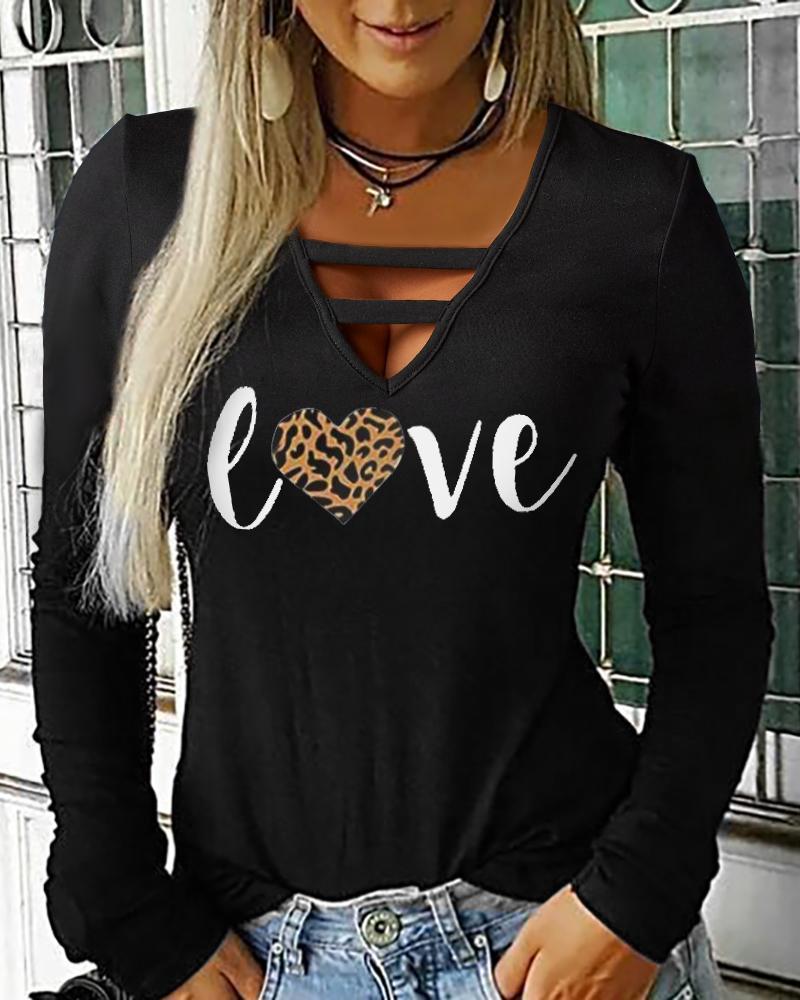 

Letter Print Long Sleeve Cutout Casual Top, Black