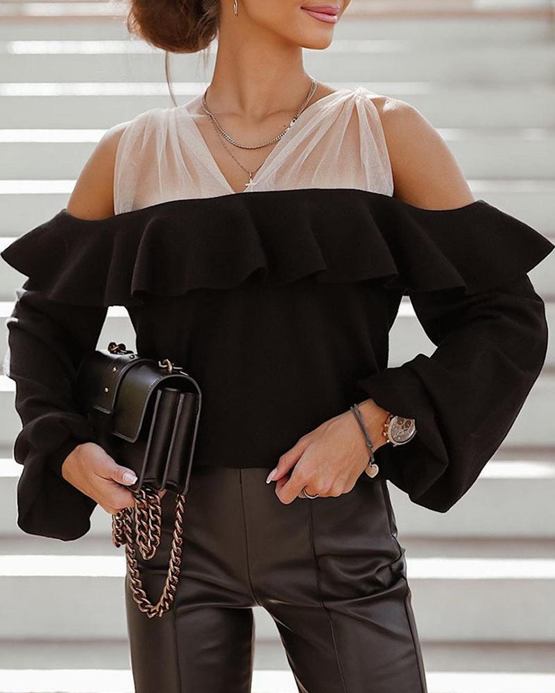 

Cold Shoulder Mesh Patch Lantern Sleeve Ruffles Top, Black