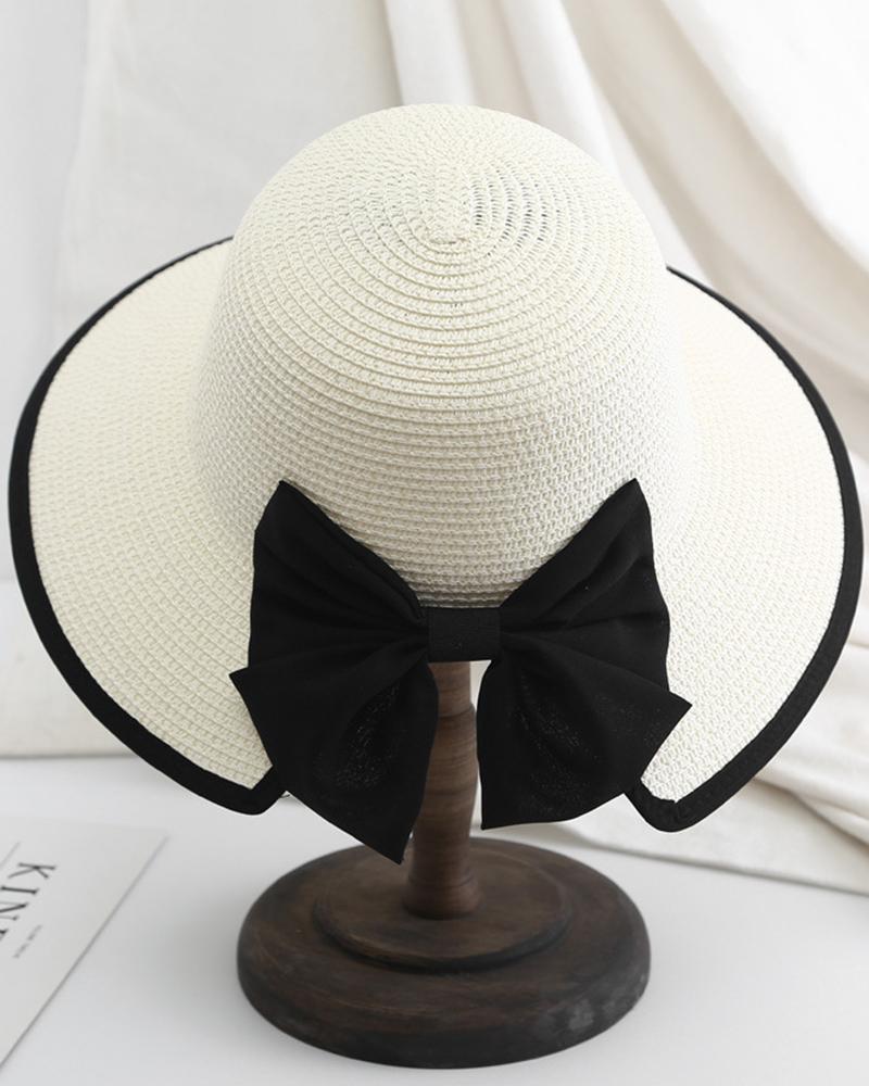 

Bowknot Decor Contrast Tape Wide Brim Straw Hat, White