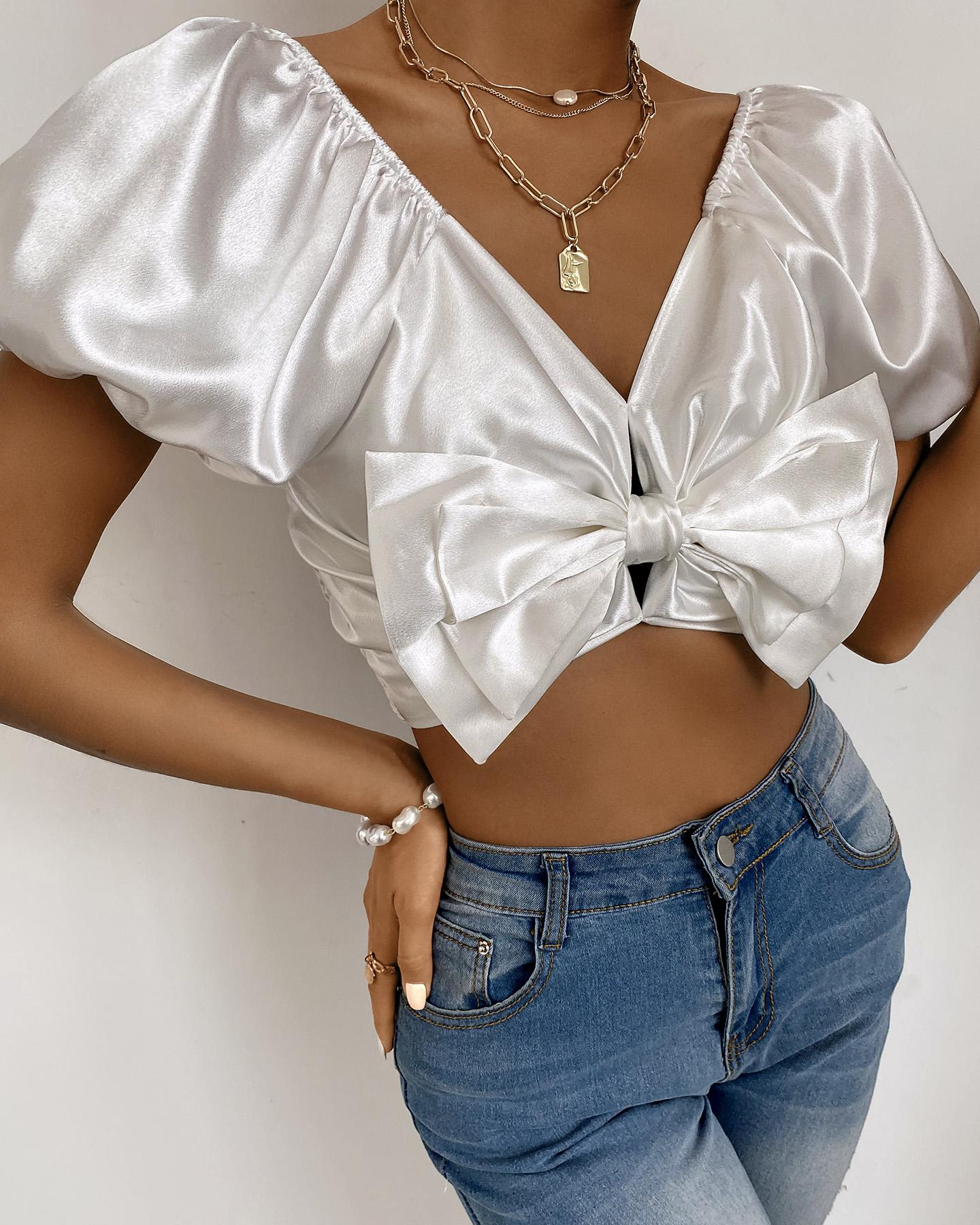 

Bowknot Design Satin Short Sleeve Shirt, White