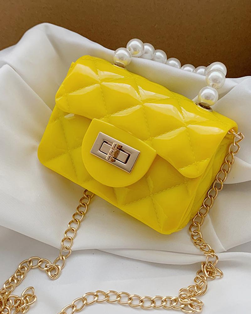 

Pastel Quilted Pearls Top Handle Chain Strap Mini Change Bag, Yellow