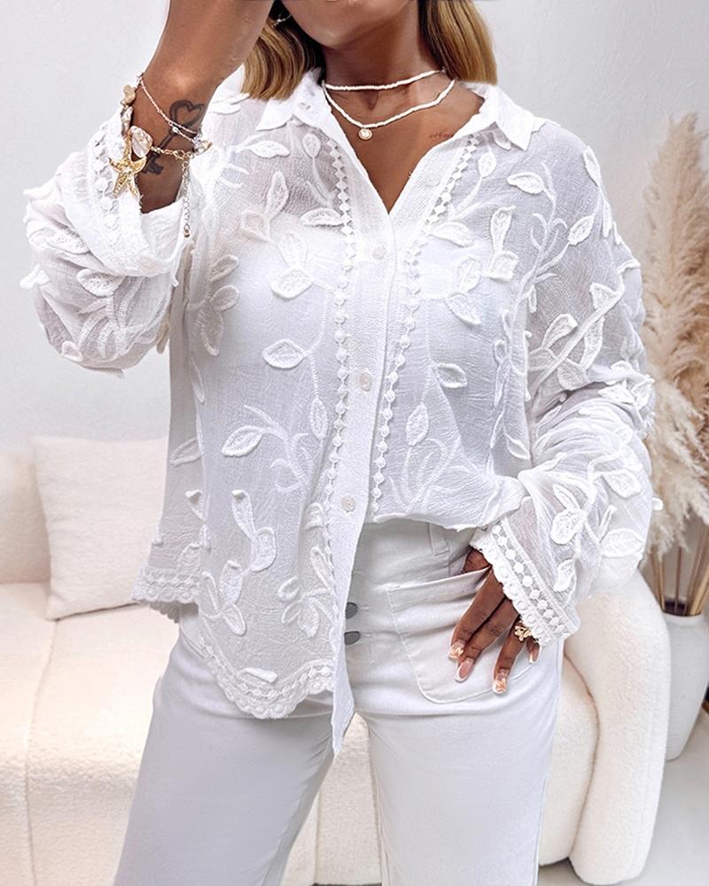 

Turn-down Collar See Through Lace Embroidery Blouse Casual Loose Fit Jacquard Long Sleeve Shirt, White