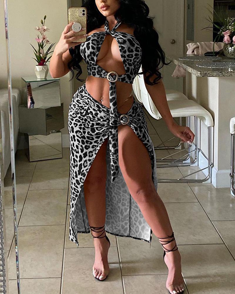 

Leopard Print Cutout Crop Top & High Split Skirt Set, Gray