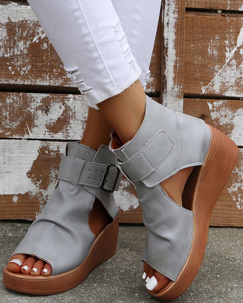 

Cutout Peep Toe Buckled Wedge Sandals, Gray