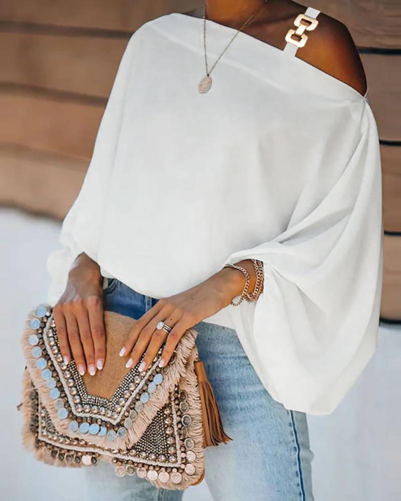 

Chain Strap Lantern Sleeve Casual Top, White