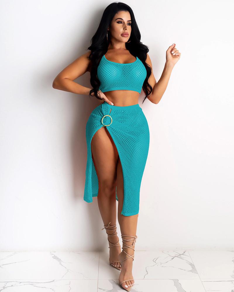 

Solid See-through Skinny Tanks With Slit Skirts Skirt Sets, Blue