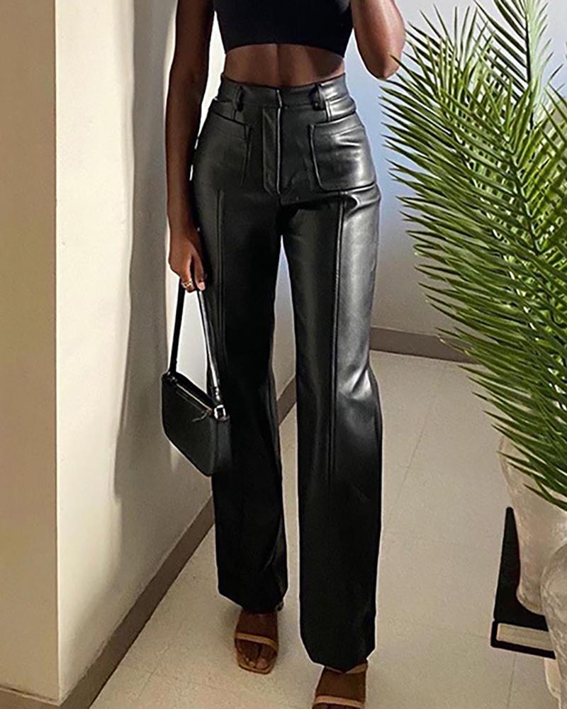 

PU Leather High Waist Pocket Design Pants, Black