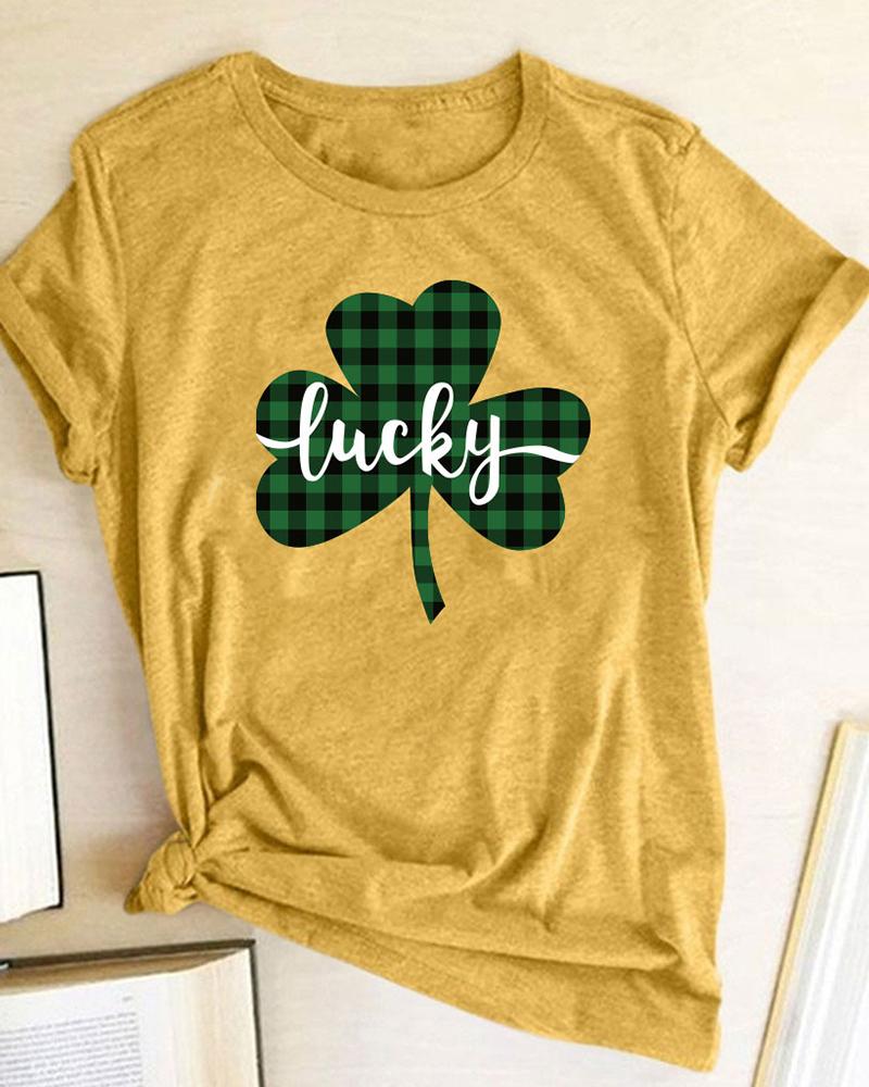 

Plaid & Letter Clover Print Short Sleeve Casual T-shirt, Yellow