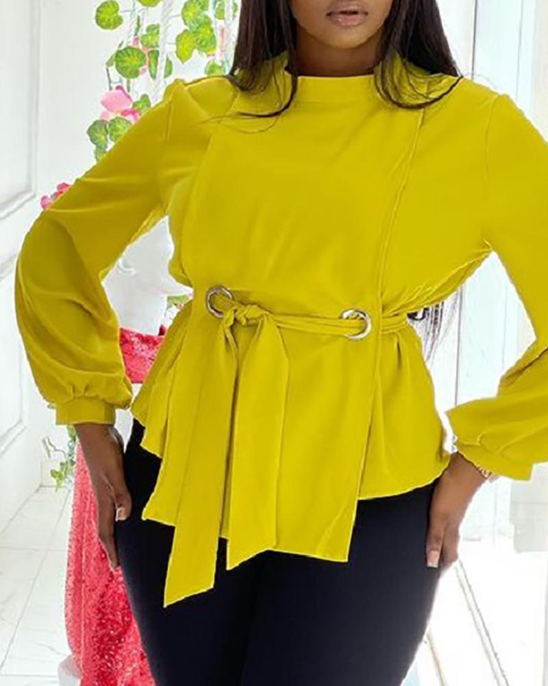 

Plus Size Eyelet Ruched Tie Front Long Sleeve Top, Yellow
