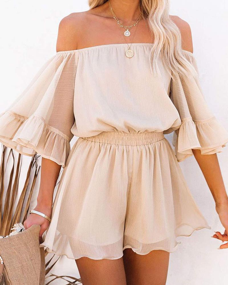 

Off Shoulder Ruffle Hem Gathered Waist Romper, Light pink