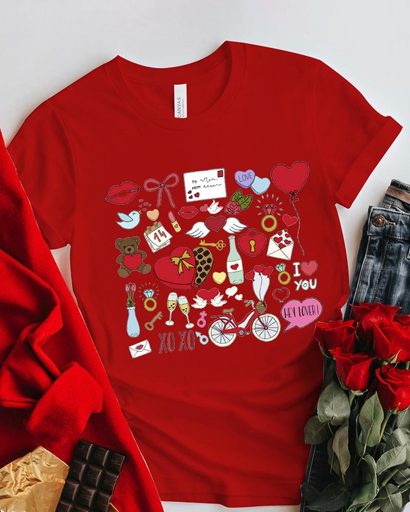 

Valentine' Day Heart Flower Graphic Print Short Sleeve T-shirt, Red