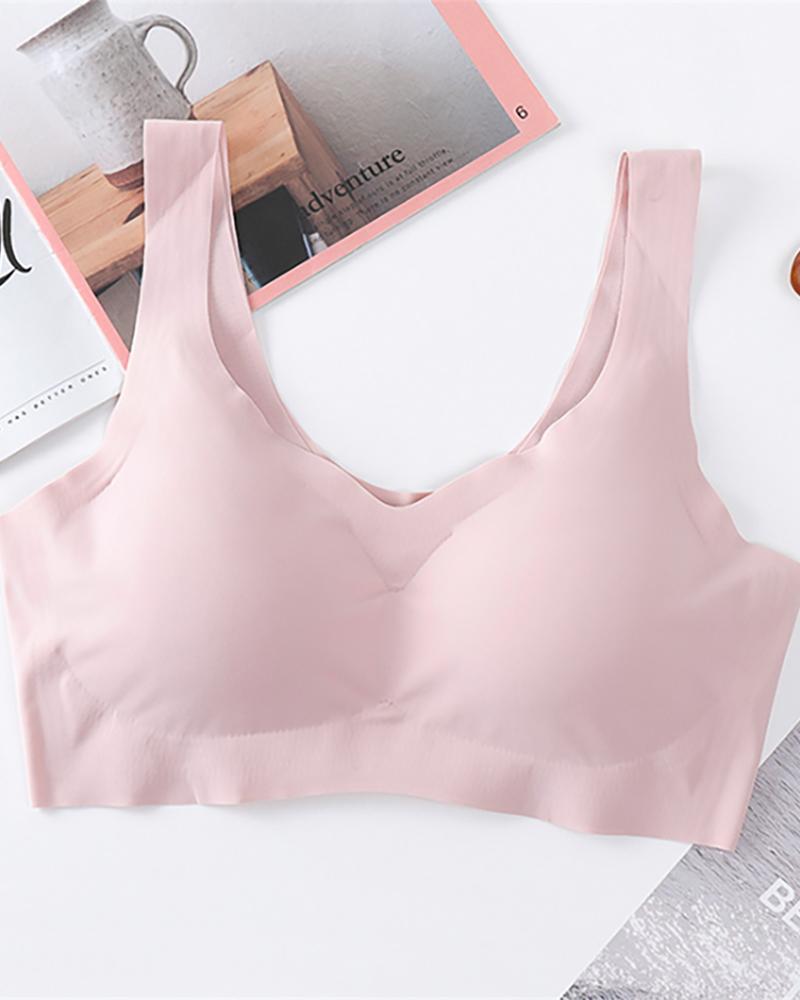

V-Neck Breathable Seamless Plain Bralette, Pink