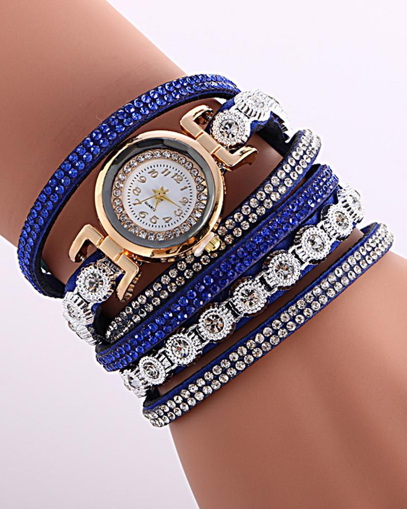 

1pc Allover Rhinestone Stackable Bangle Quartz Watch, Dark blue