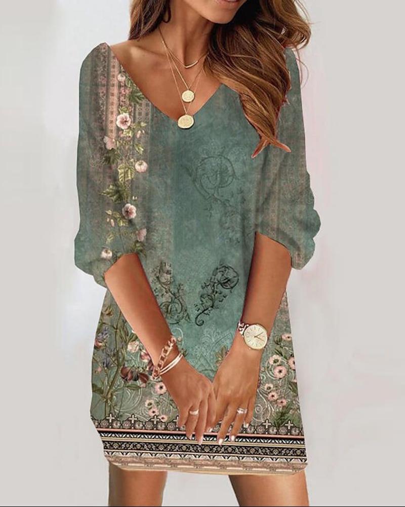 

Floral Print V-Neck Casual Dress, Green