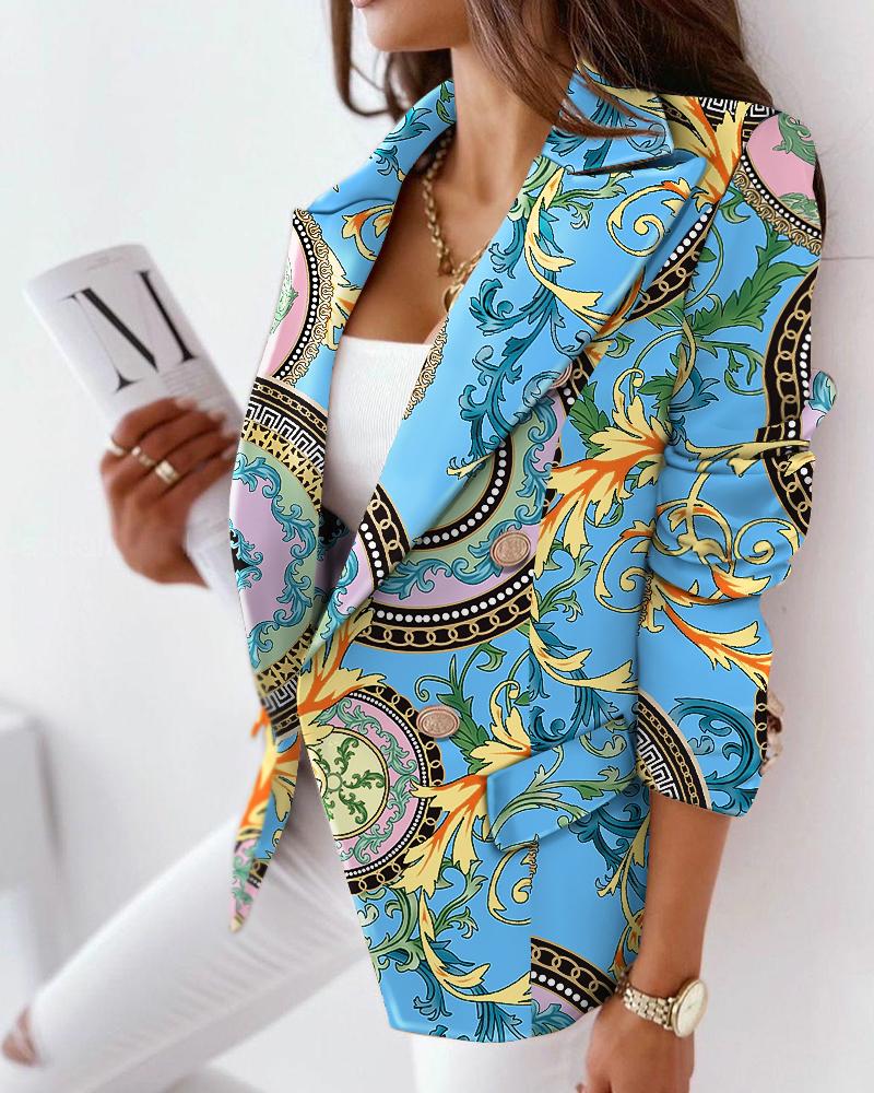 

Baroque Print Long Sleeve Double Breasted Blazer, Blue